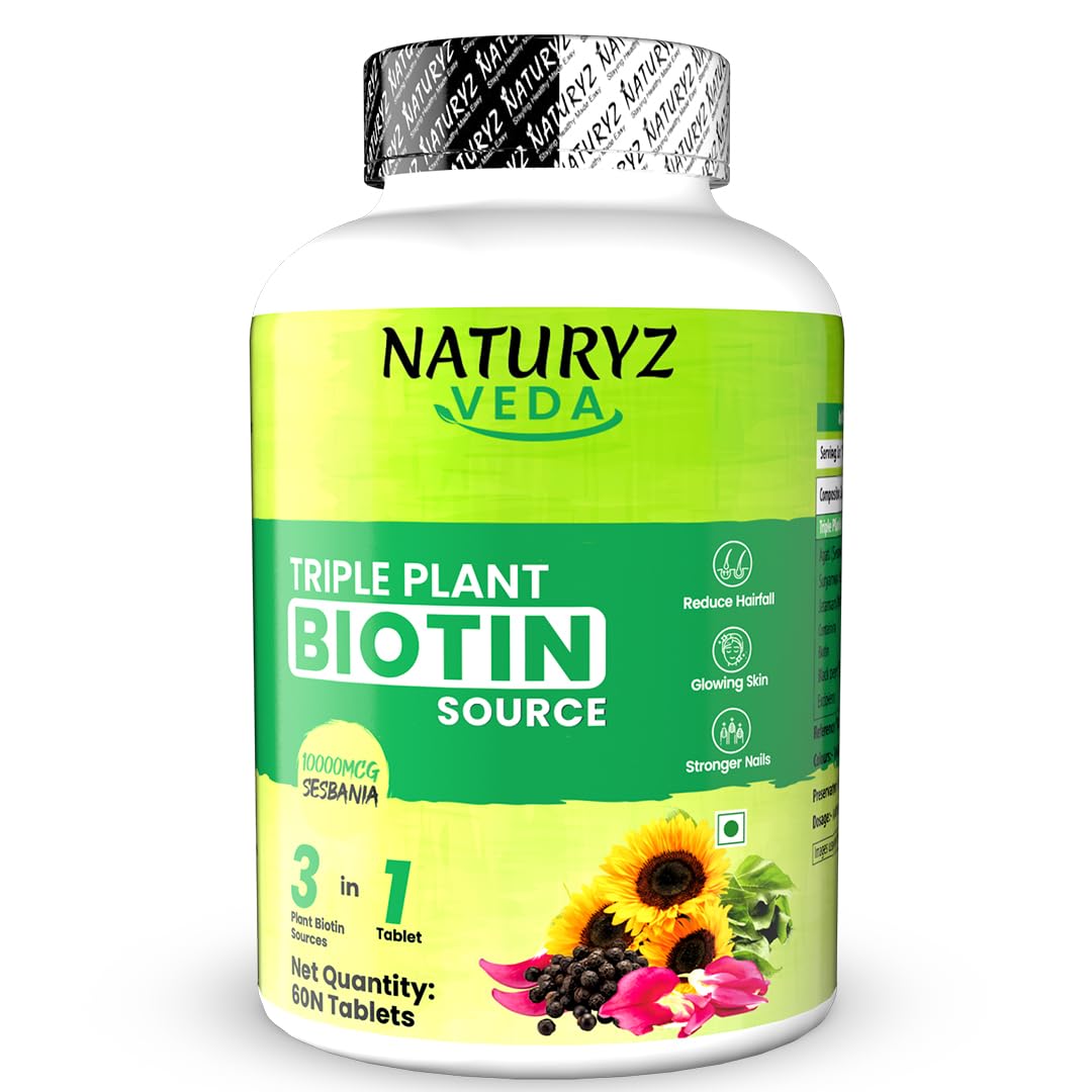 Naturyz Veda Triple Plant Biotin For Hair Growth | 100% Rda Biotin| Sesbania Agati | With 3 Vegan Sources | Stronger & Increased Hair Density | Shinier Nails | Glowing Skin - 60 Tablets (B0CVLBBFPN) Amazon Price History, Amazon Price Tracker