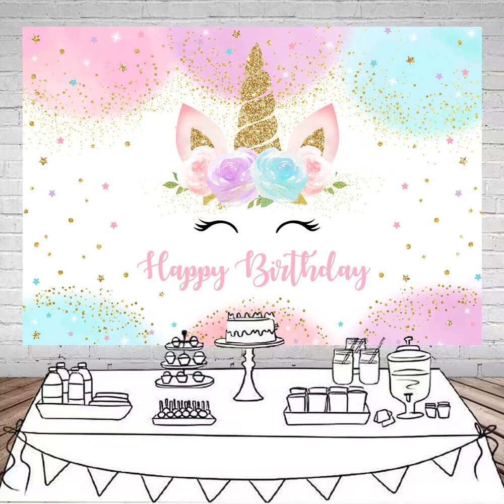 Avezano Tęczowy jednorożec tło złoty brokat jednorożec 'Happy Birthday' tło dla dziewcząt akwarela kwiatowy jednorożec przyjęcie urodzinowe zdjęcie tło dekoracje baner materiały (3 x 2,4 m)