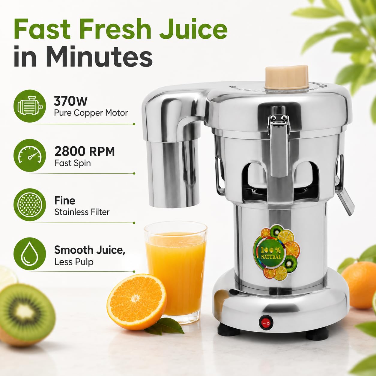 Exprimidor eléctrico para frutas y verduras 370 W | 2800r/min de acero inoxidable frutas y verduras Exprimidor eléctrico con barra de empuje | Juicer separador de jugo de escoria