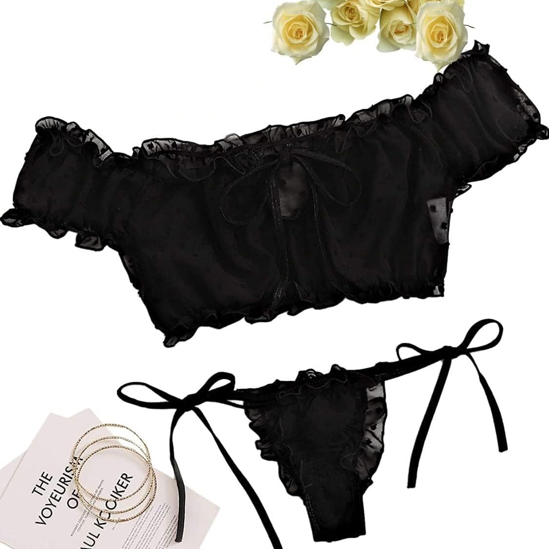WBDWWTD Damskie seksowne biustonosze i majtki w kropki komplety bielizny Babydoll Strappy przezroczyste wykończone frędzlami bielizna z uroczą kokardką G String