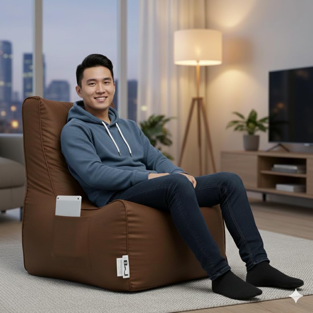 BJ ALUMINIUM Bean Bag Chair for Adults & Kids | High Back Support, Leatherette Bean Bag with Mobile Pocket |Seating for Living Room, (Cover Only Without Bea (TAN, 5XL, Bean Bag) 2