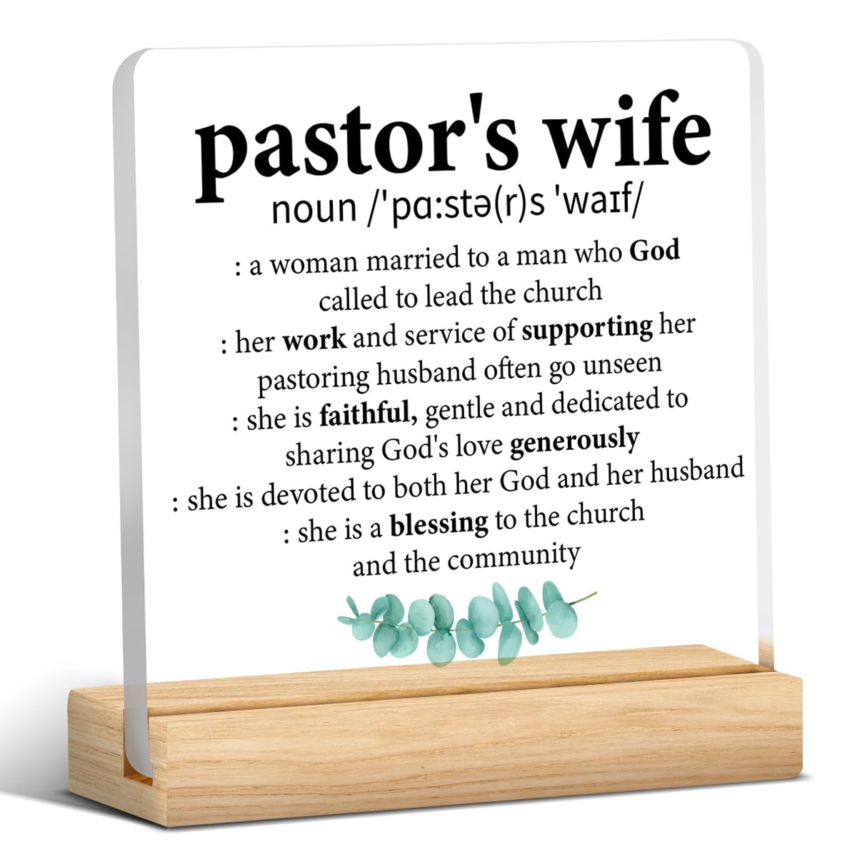 Pastor's Wife Appreciation Gift, Thank You Pastor Wife Clear Desk Decorative Sign Pastor's Wife Definition Acrylic Plaque with Wooden Stand 4x4 Inch Sign Home Bedroom Desk Decor