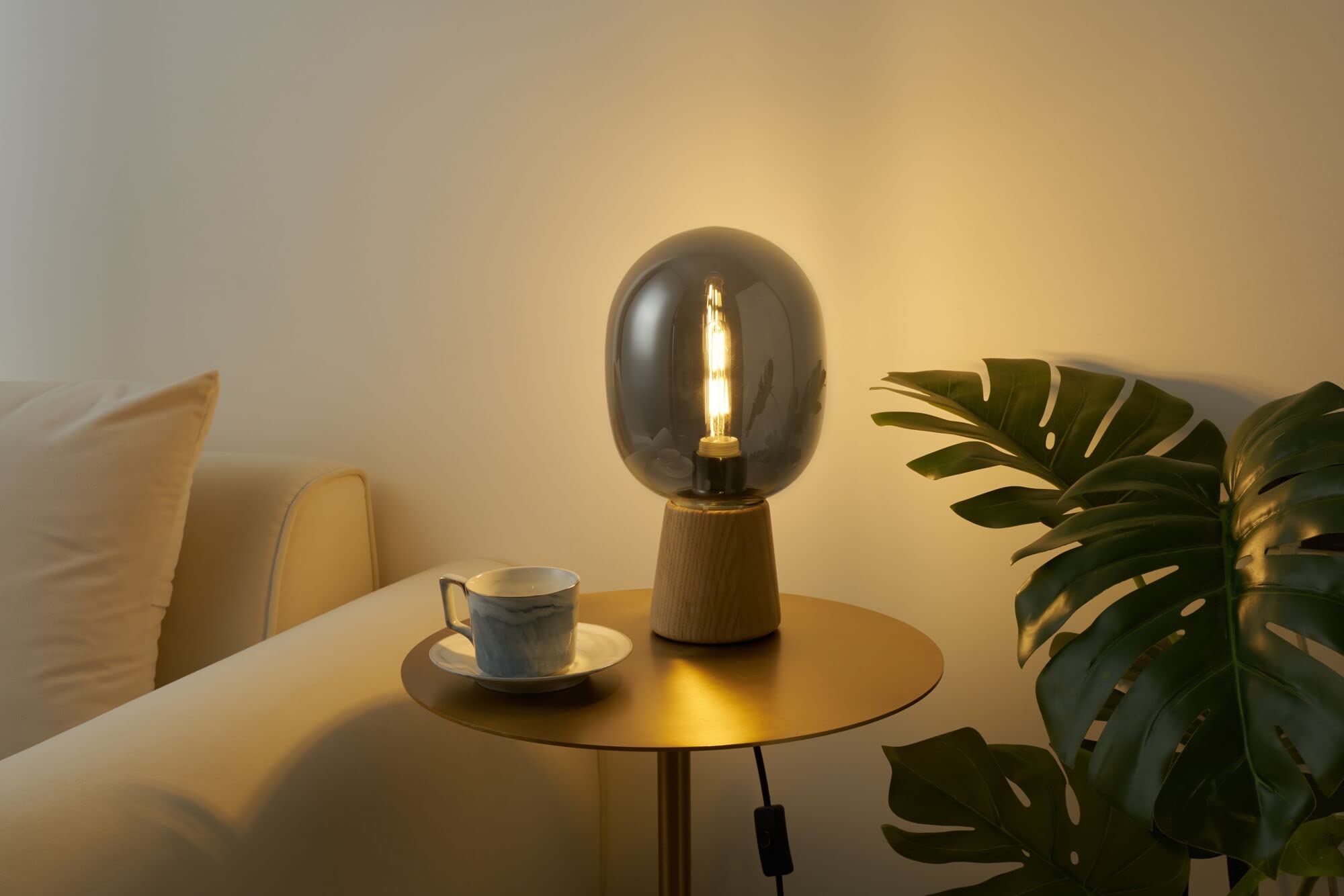 Pauleen 48232 lampe à poser Mystical Gleam max. 20 Watt en verre fumé, bois lampe de chevet de look boho naturel en verre, bois E27