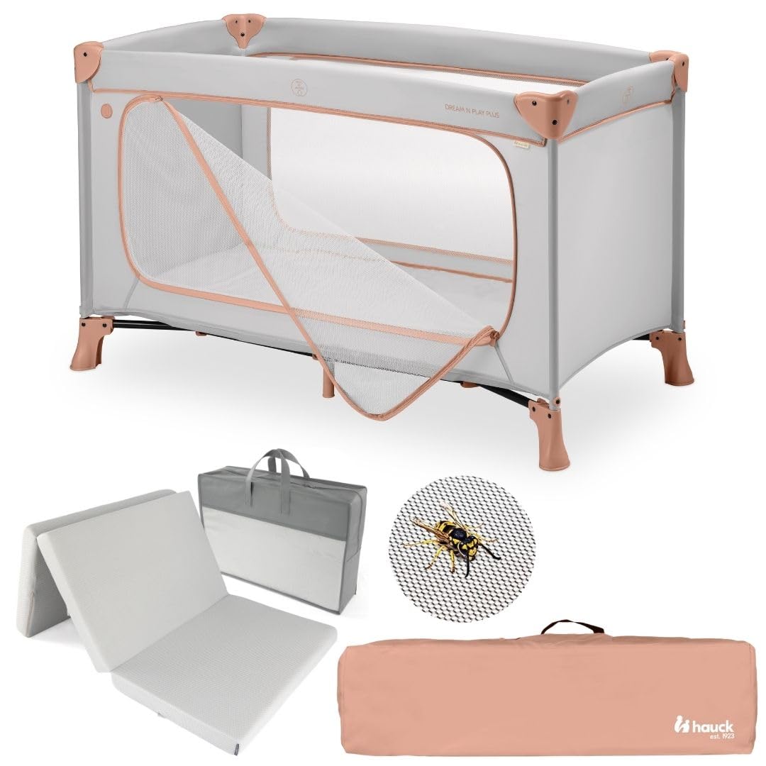 Hauck Dream N Play Plus Lit Parapluie Bébé Pliable avec Matelas, Moustiquaire, Sac de Transport – Dusty Cork