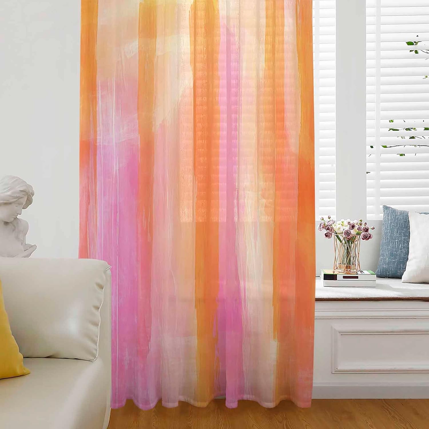 Orange Pink Window Curtains 108 Inches Long,Abstract Art Watercolor Gradient Geometric Semi Sheer Rod Pocket Chiffon Curtains & Drapes Drapery Voile Window Treatment for Living Room/Bedroom/Kitchen