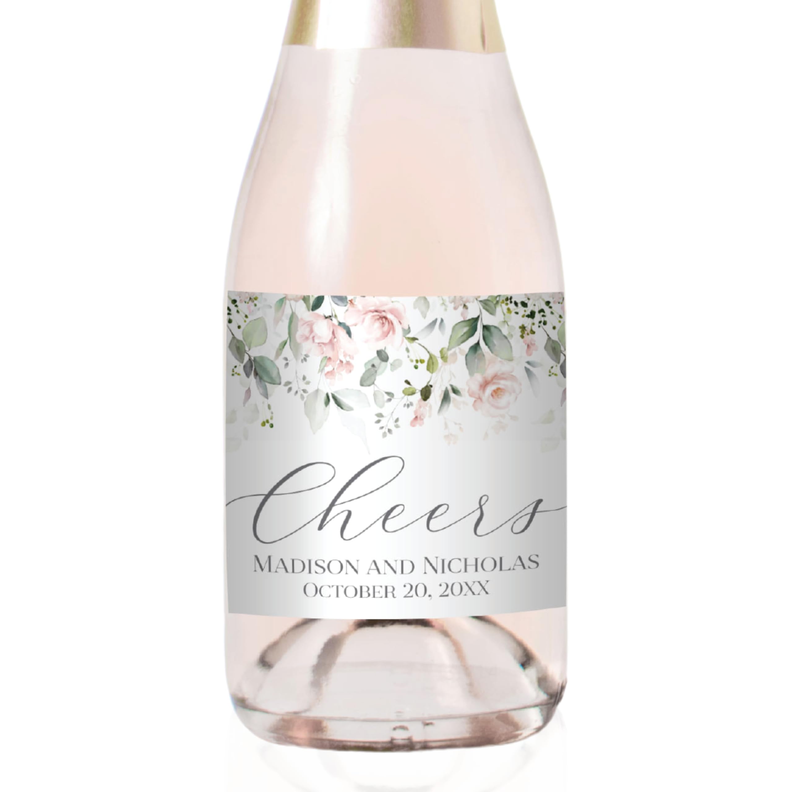 Personalized Labels for Mini Champagne Bottles with Your Choice of 30 Flower Styles - Choose Font and One of Six Pre-Made Phrases or Custom - LABELS
