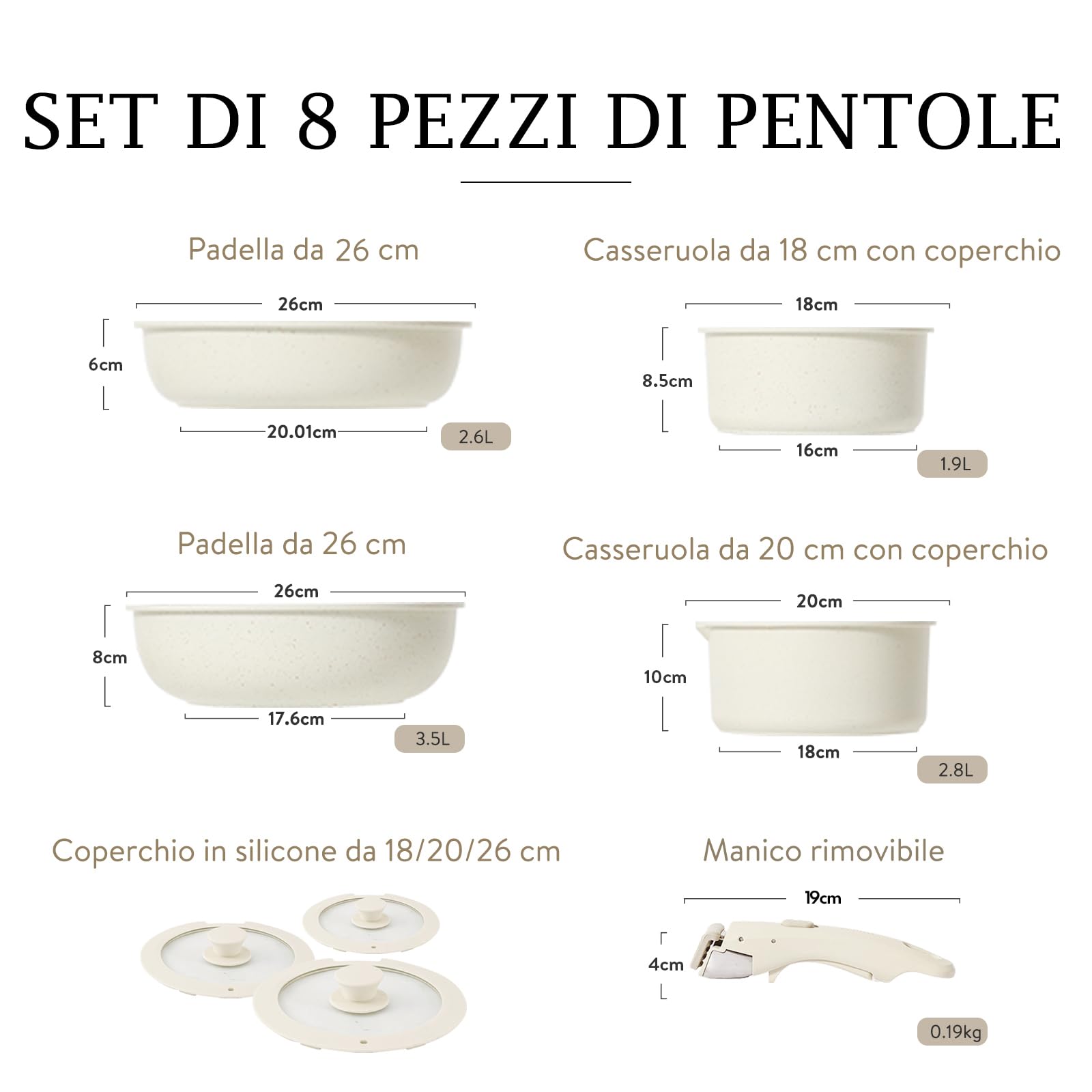 CAROTE Batteria da cucina a induzione 8 pezzi, rivestimento antiaderente, padella a induzione 20 cm, casseruola 18 cm/20 cm, padella 26 cm, manico rimovibile, coperchio, lavabile in forno