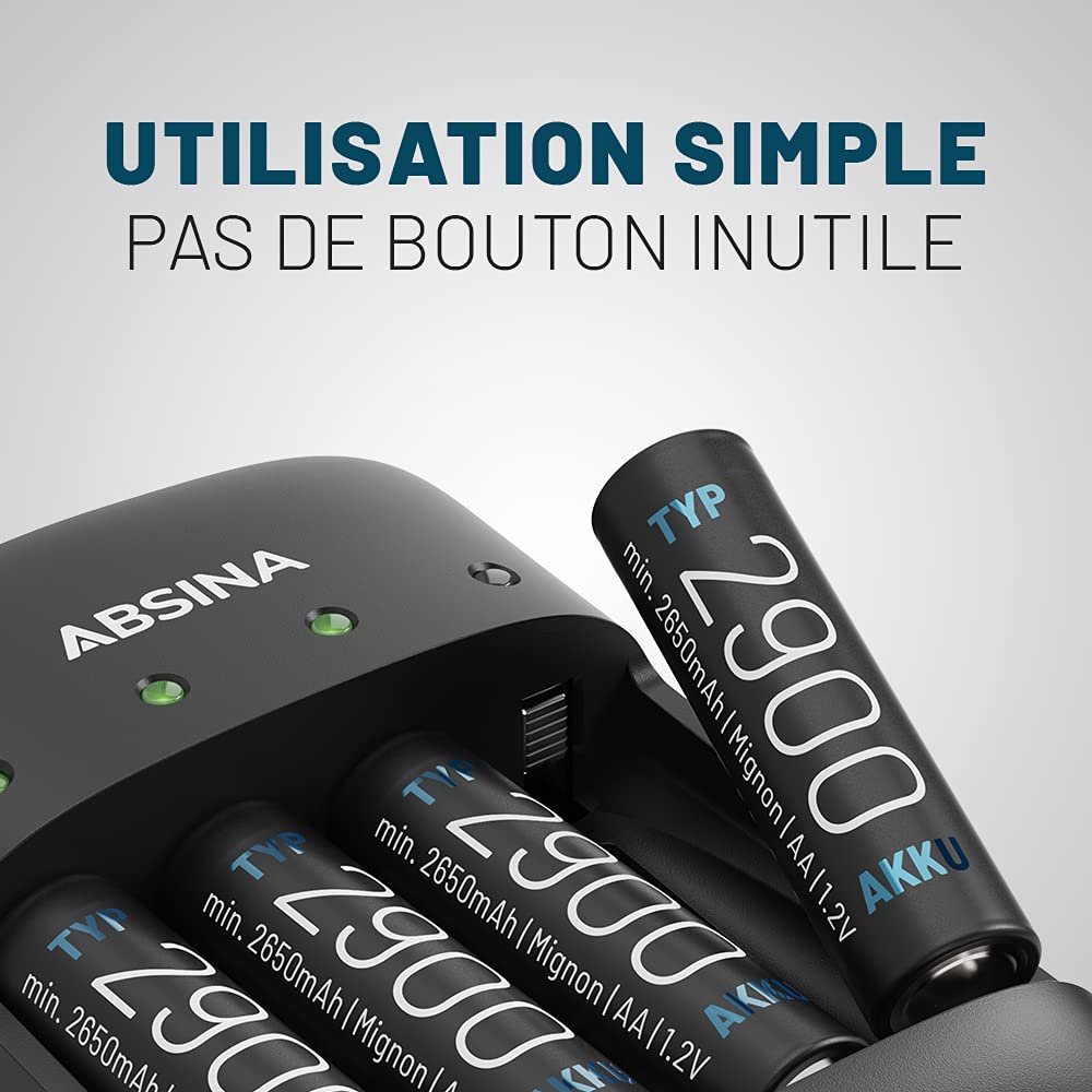 ABSINA Chargeur de Piles Rechargeables AA AAA & 9V + 8X AAA 1150 Pile