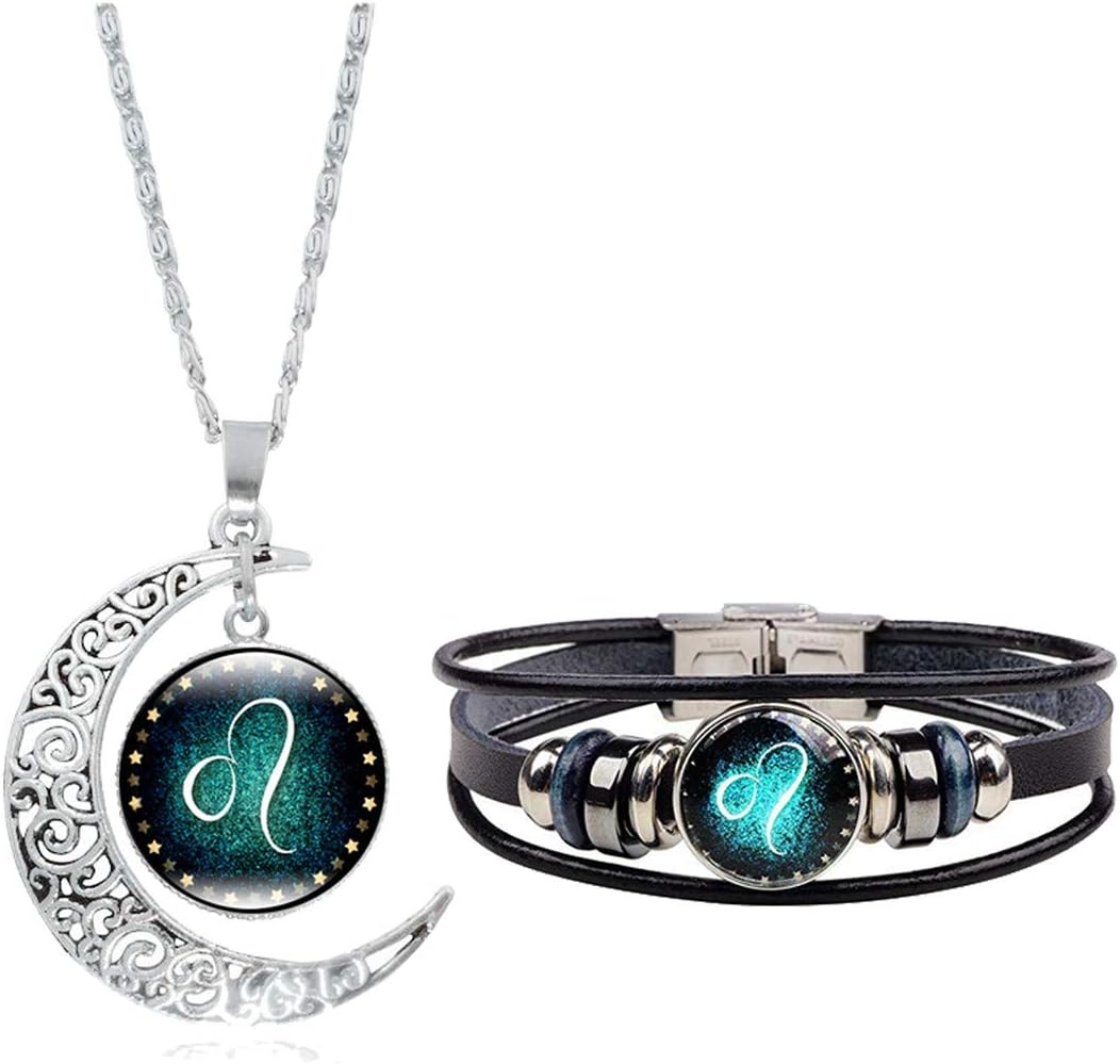 Dcfywl731 Zodiac Necklace Bracelet Set for Women Men 12 Constellation Moon Pendant Necklace Handmade Woven Zodiac Sign Wrap Bracelet Jewelry Gifts for Birthday Christmas B07KQCG96H