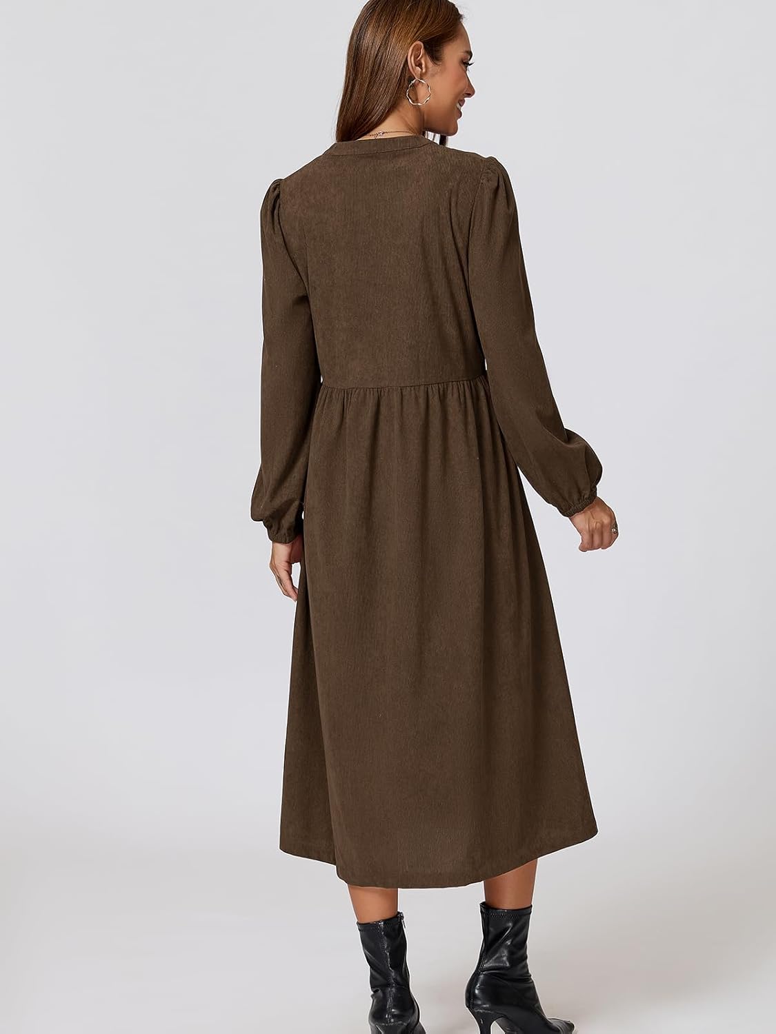 Corduroy Dress Women Long Puff Sleeve Zip Up Vintage Fall Winter Midi Dress with Belt - Image 6