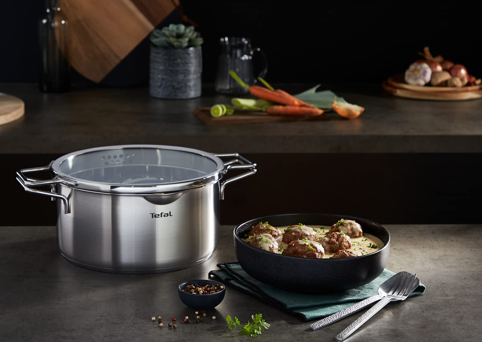 Tefal Nordica H852S655 Kochtopf, 6-teilig, 18/20/24 cm, Edelstahl + Glasdeckel, Ausgießer, einfaches Abgießen, Induktion