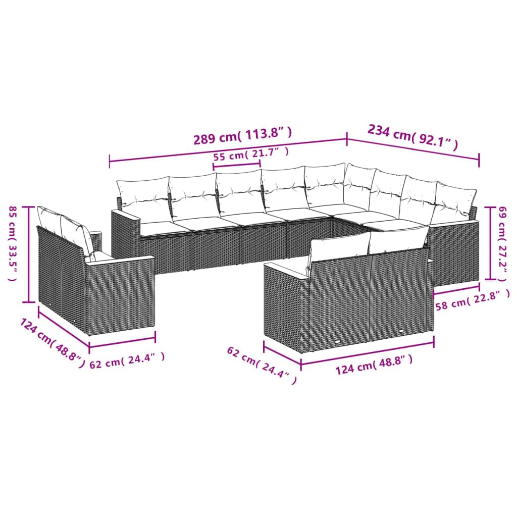Conjunto de sofá de jardín de 12 Piezas en poliratán Gris con Cojines Lavables, diseño Modular para terraza, Patio y balcón, Muebles Exteriores Resistentes y con almacenaje práctico
