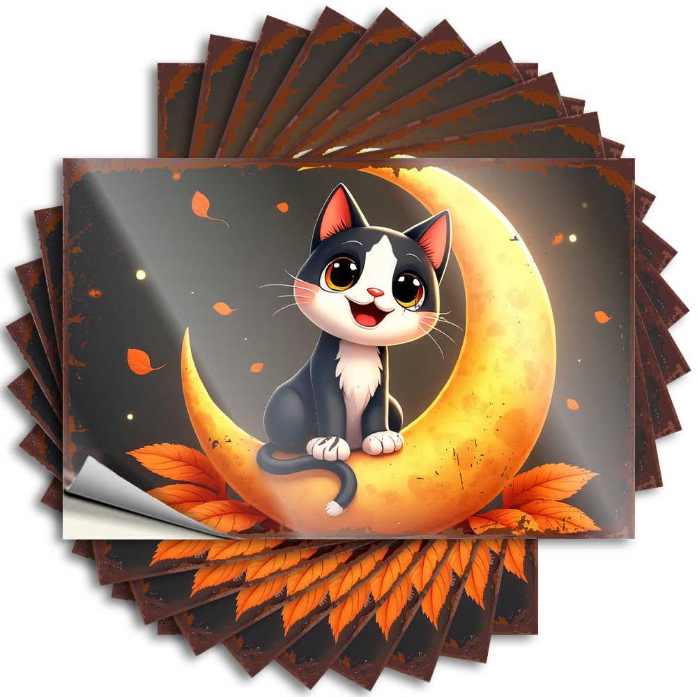 Adorable Cat On Crescent Moon with Autumn Leaves Tattoo House Stuff Self Adhesive | Autumn Laptop Vinyl Sticker Pack for Teens(8X12CM)