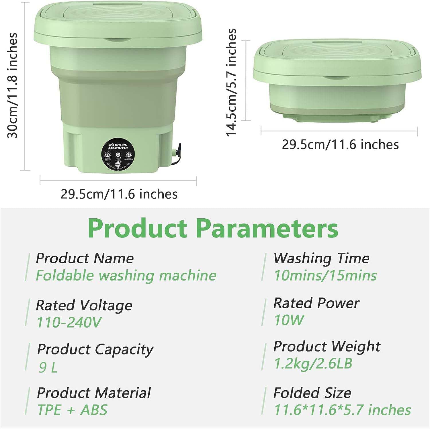 MacLehose Mini Portable Washing Machine, 9L Foldable Washer & Dryer Combo for Baby Clothes, Camping & Travel Laundry (Green)