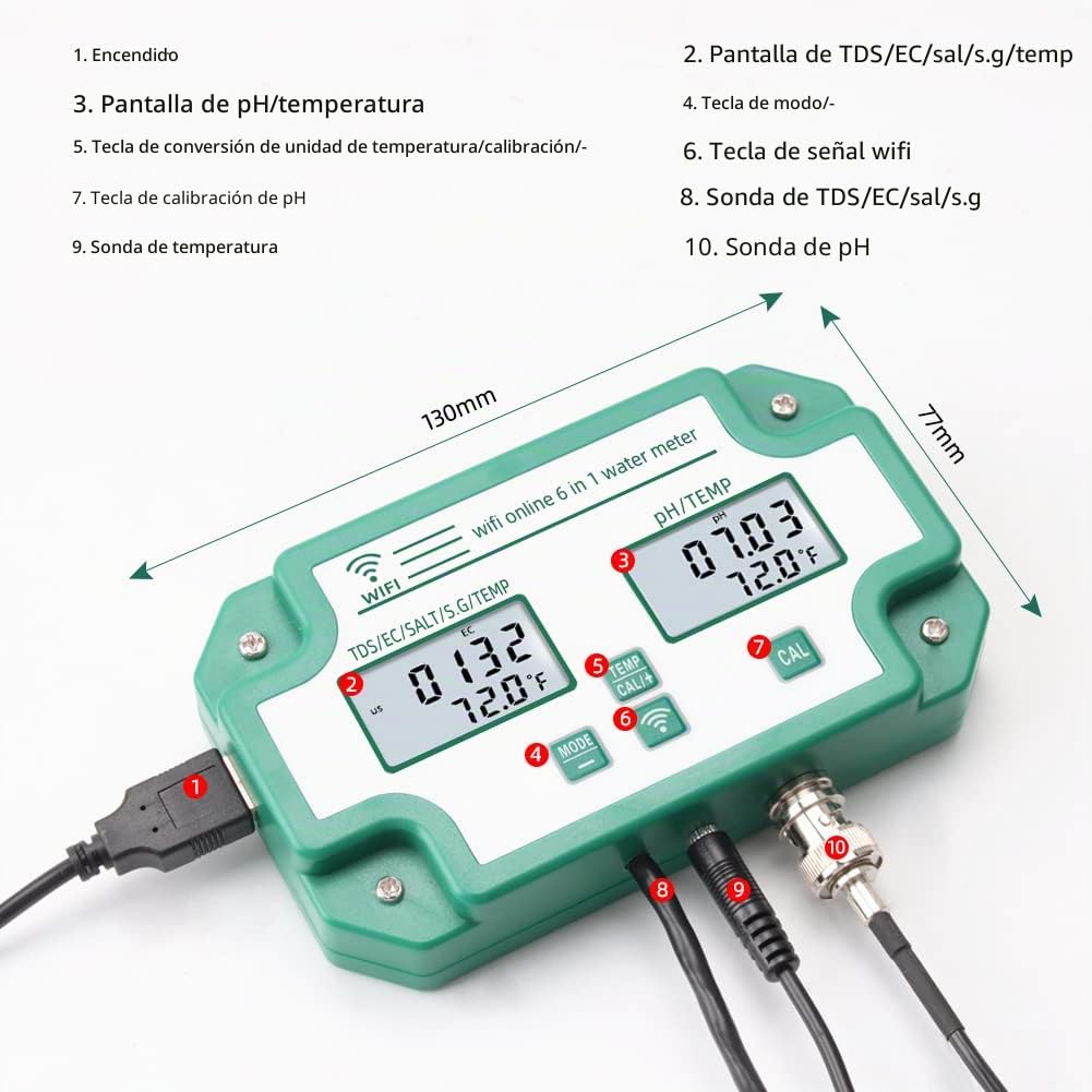 Probador de calidad del agua 6 en 1 WiFi Multiparámetro Monitor de calidad del agua PH digital/Sólidos disueltos totales/EC/S.G/Sal/Medidor de temperatura para Acuario