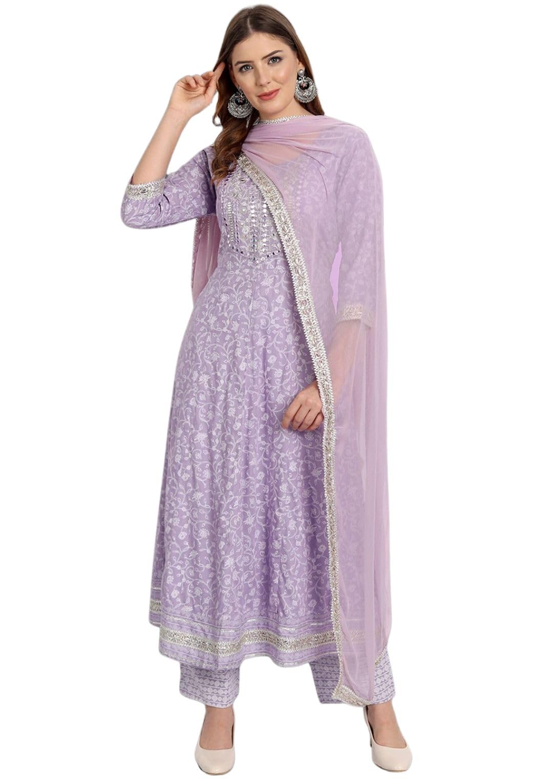 Rytras Women's Printed Anarkali Kurta Set With Palazzo Pants & Dupatta- Ethnic Wear, Purple(Ryt598,Xxl)