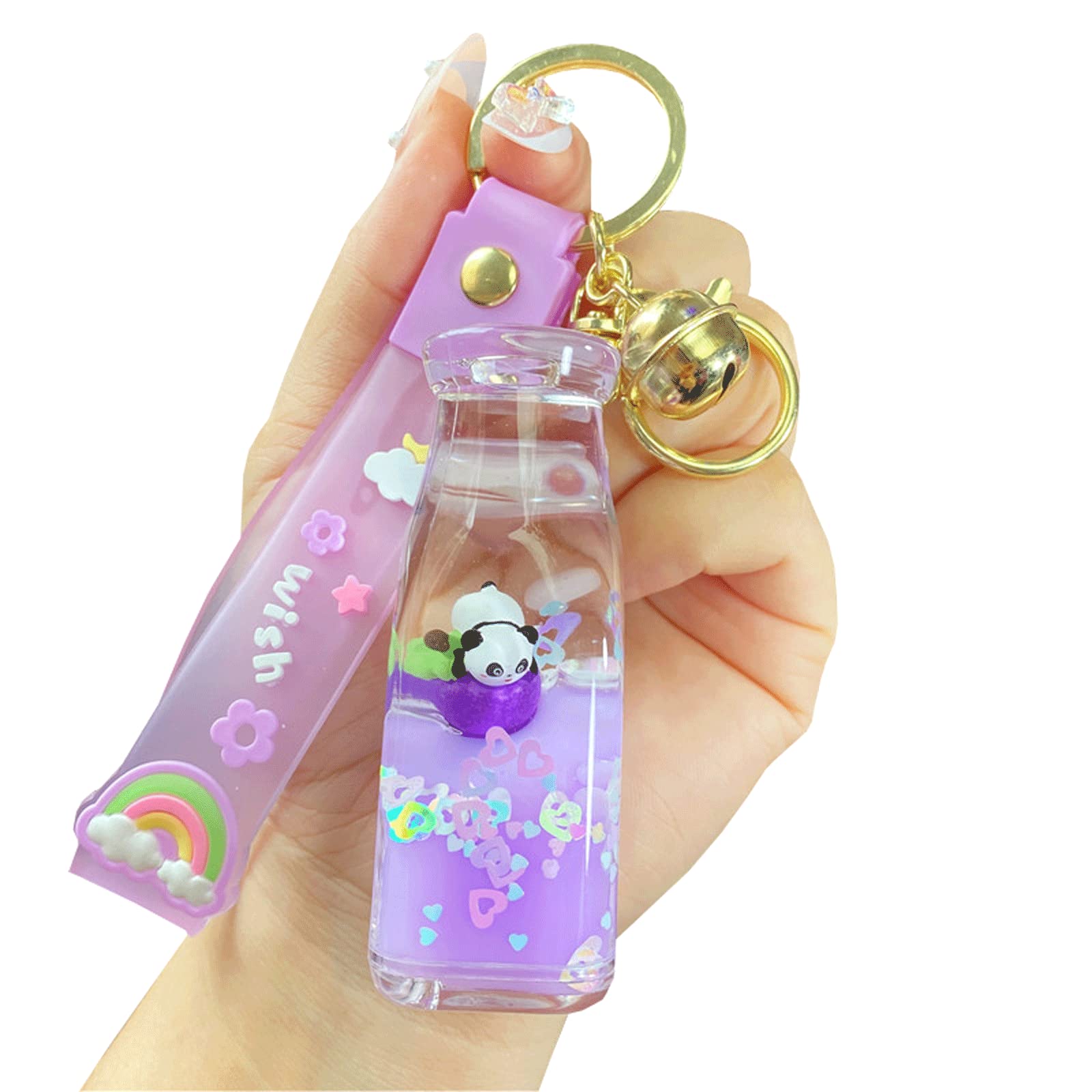 ICI-Rencontrer Cute Kawaii Floating Cartoon Panda Wishing Bottle Design Backpack Car Key Pendant Kids Girls Women Handbag Wallet Clear Acrylic Glitter Liquid Keychain (Purple), 5 * 3 3.7 cm