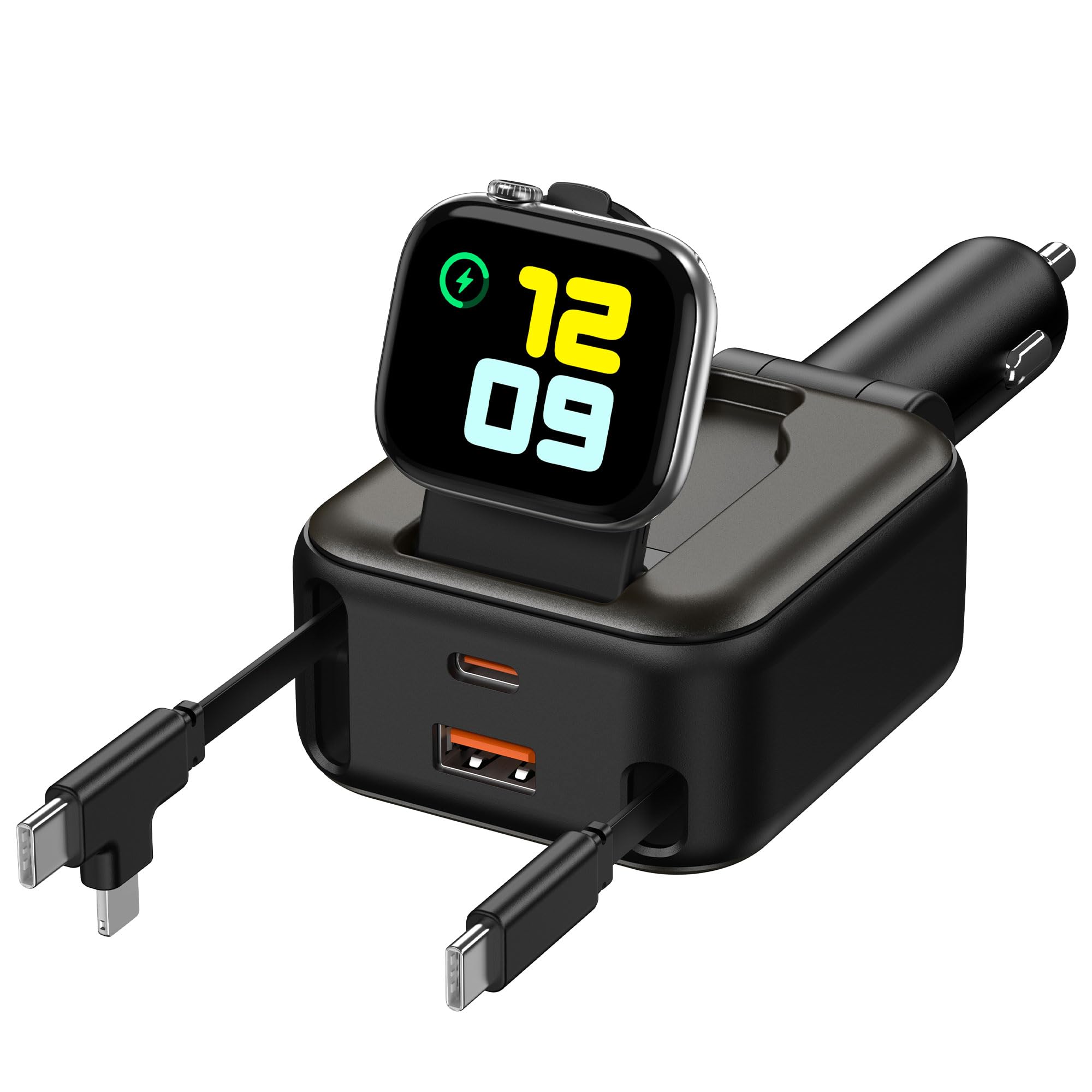 Cargador de coche retráctil 6 en 1, 100 W USB C + USB A de carga rápida para iPhone 17/16/15/14/13/12/11, iWatch, Android, accesorios esenciales de viaje, regalo para hombres y mujeres
