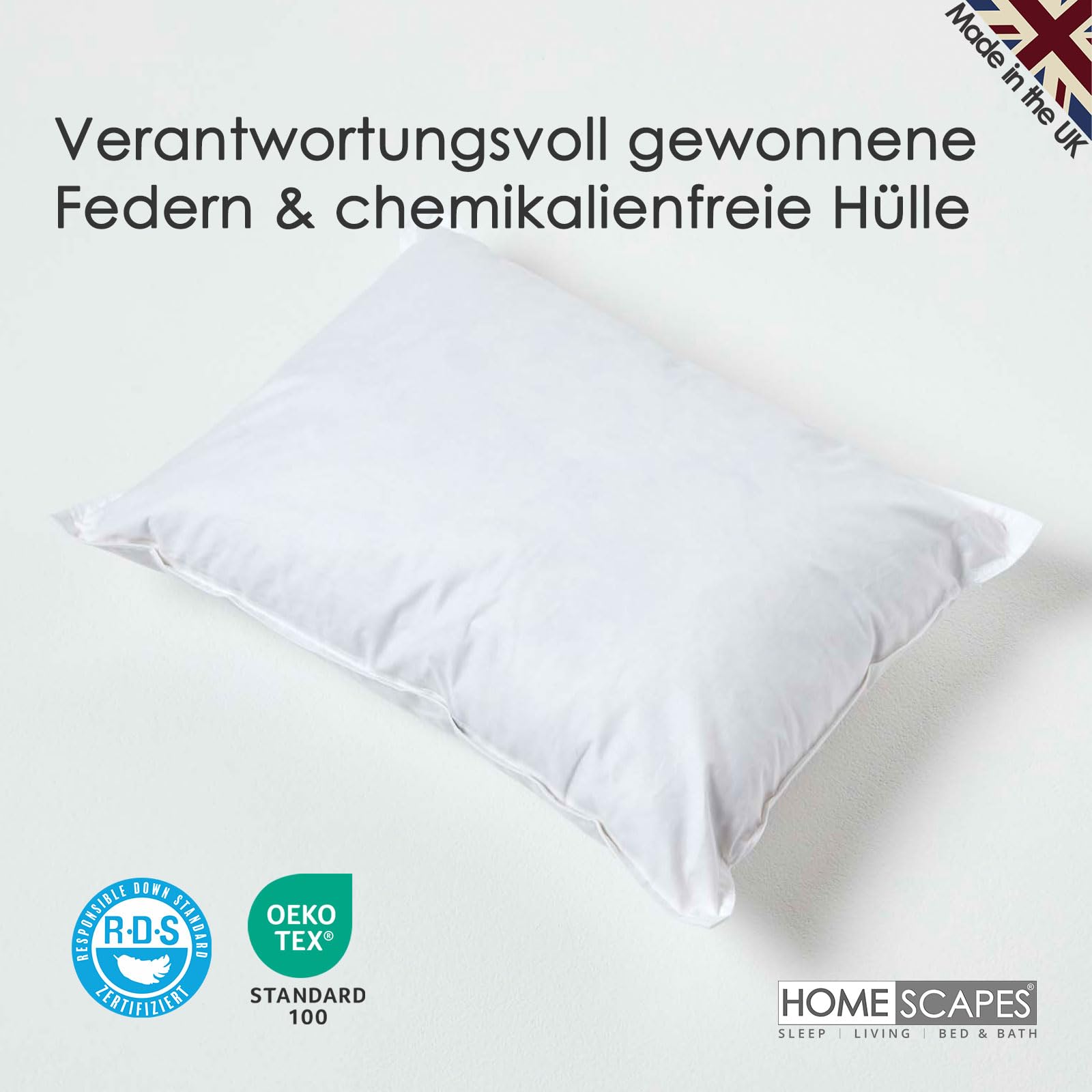HOMESCAPES Luxuriöse Entenfeder-Kissen, 30x40 cm, perfekte Rückfederung, daunendichter Bezug, großzügig gefüllt, hypoallergen, RDS-zertifiziert, maschinenwaschbar