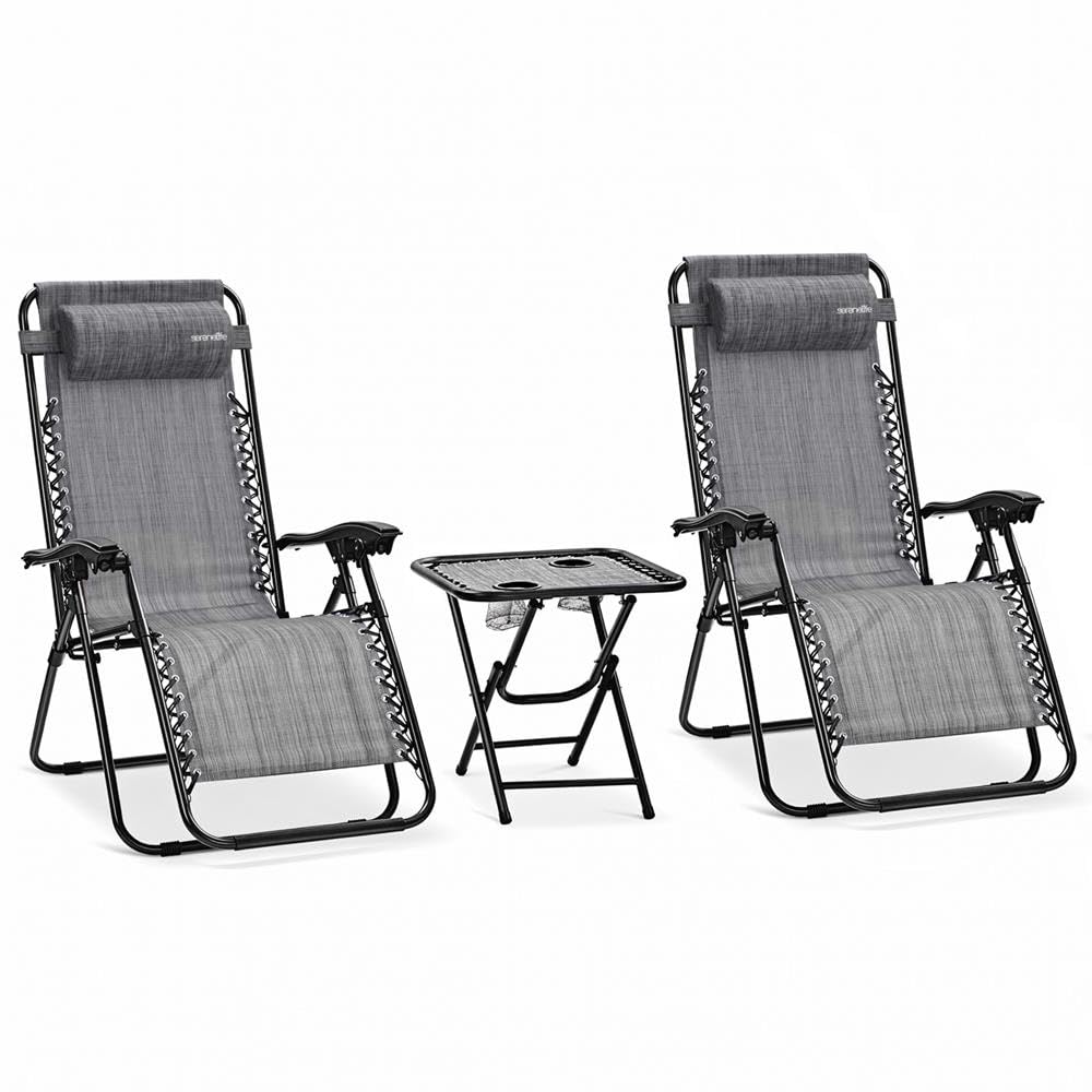 SereneLife Zero Gravity Lounge Chair, Adjustable Steel Mesh Recliners, with Canopy, Removable Pillows and Cup Holder Side Tables, Set of 2, Gray