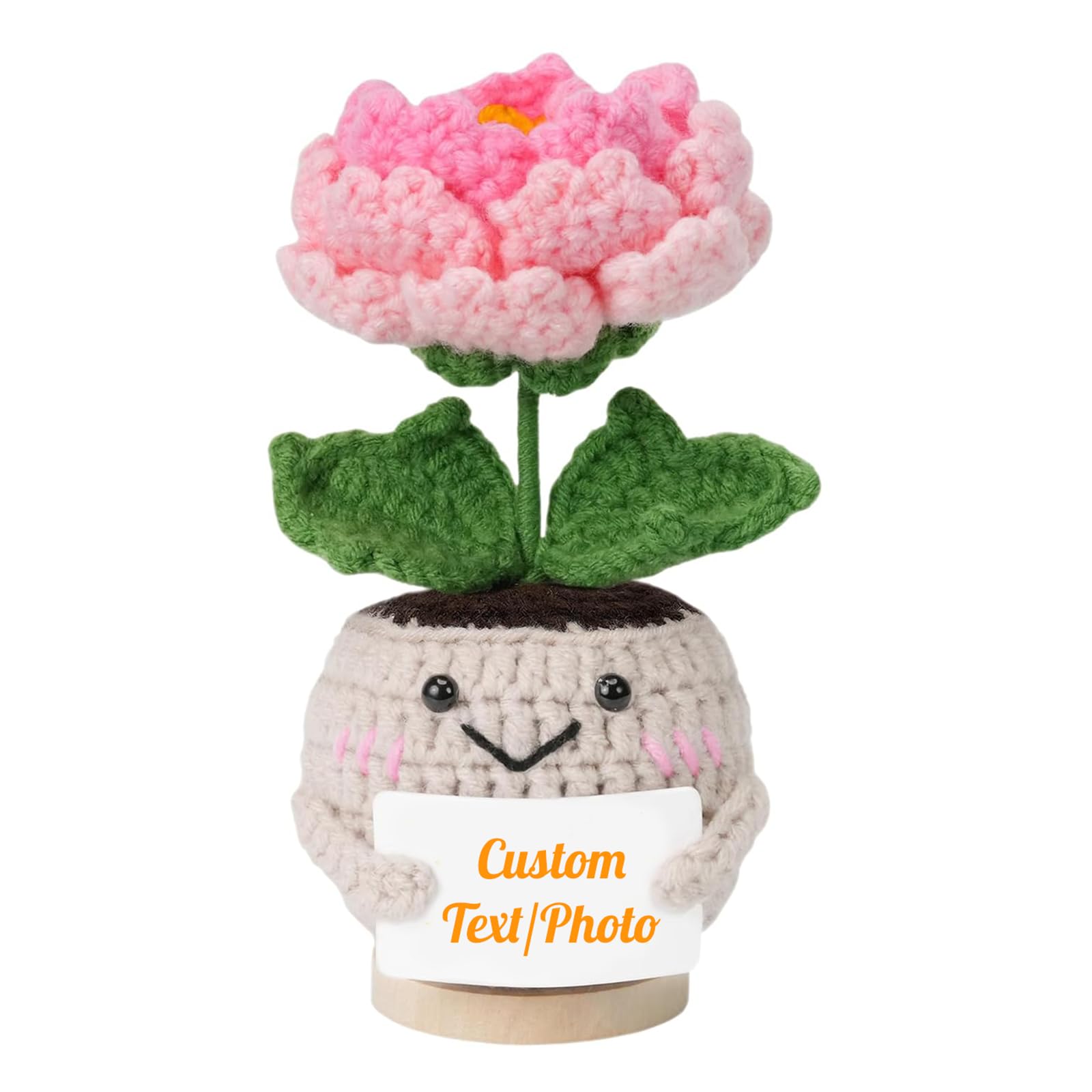 Planta de peonía de ganchillo hecha a mano con foto/texto personalizada, para mamá de hija, decoración de escritorio de aliento Get Well Soon