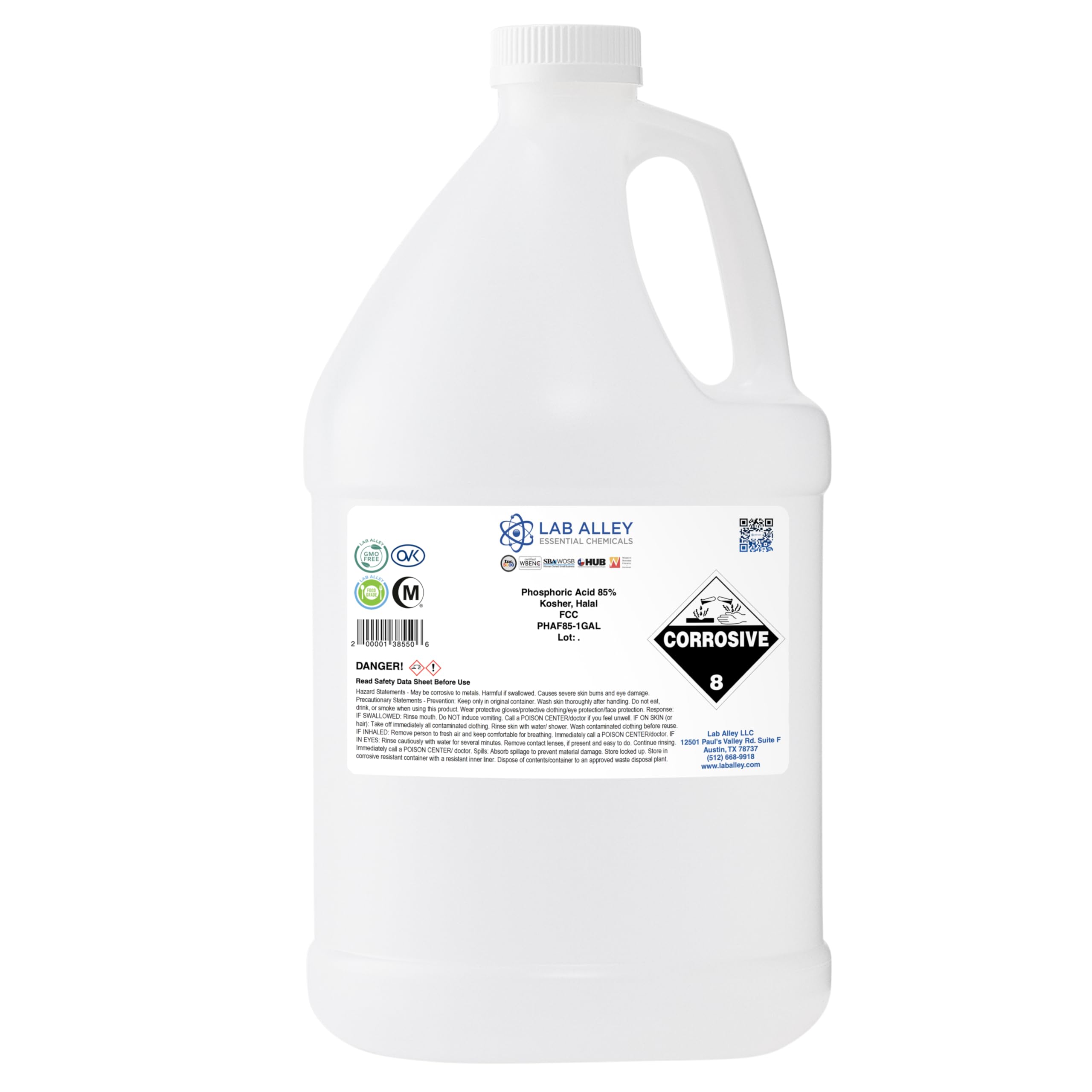 Lab Alley Phosphoric Acid 85%, Food Grade (FCC), Kosher Certified, Halal, GMO Free - 1 Gallon