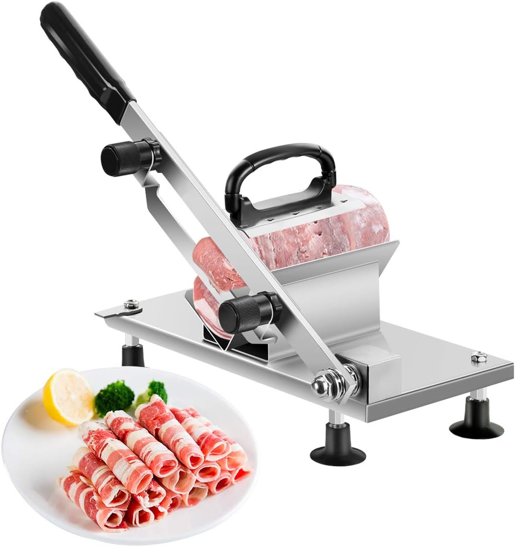 Manual Frozen Meat Slicer Stainless Steel Cutter Machine for Home Kitchen Use Commercial Beef Mutton Roll Cutting Slicers for Hot Pot Lover (Metal Silver)