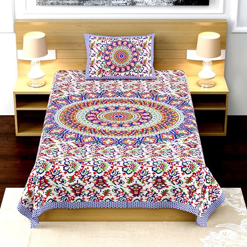 Image of RajasthaniKart Pure 100% Cotton Single Bed Sheet with 1 Pillow Cover (Bedsheet for Single Bed Cotton, Blue Ghera)
