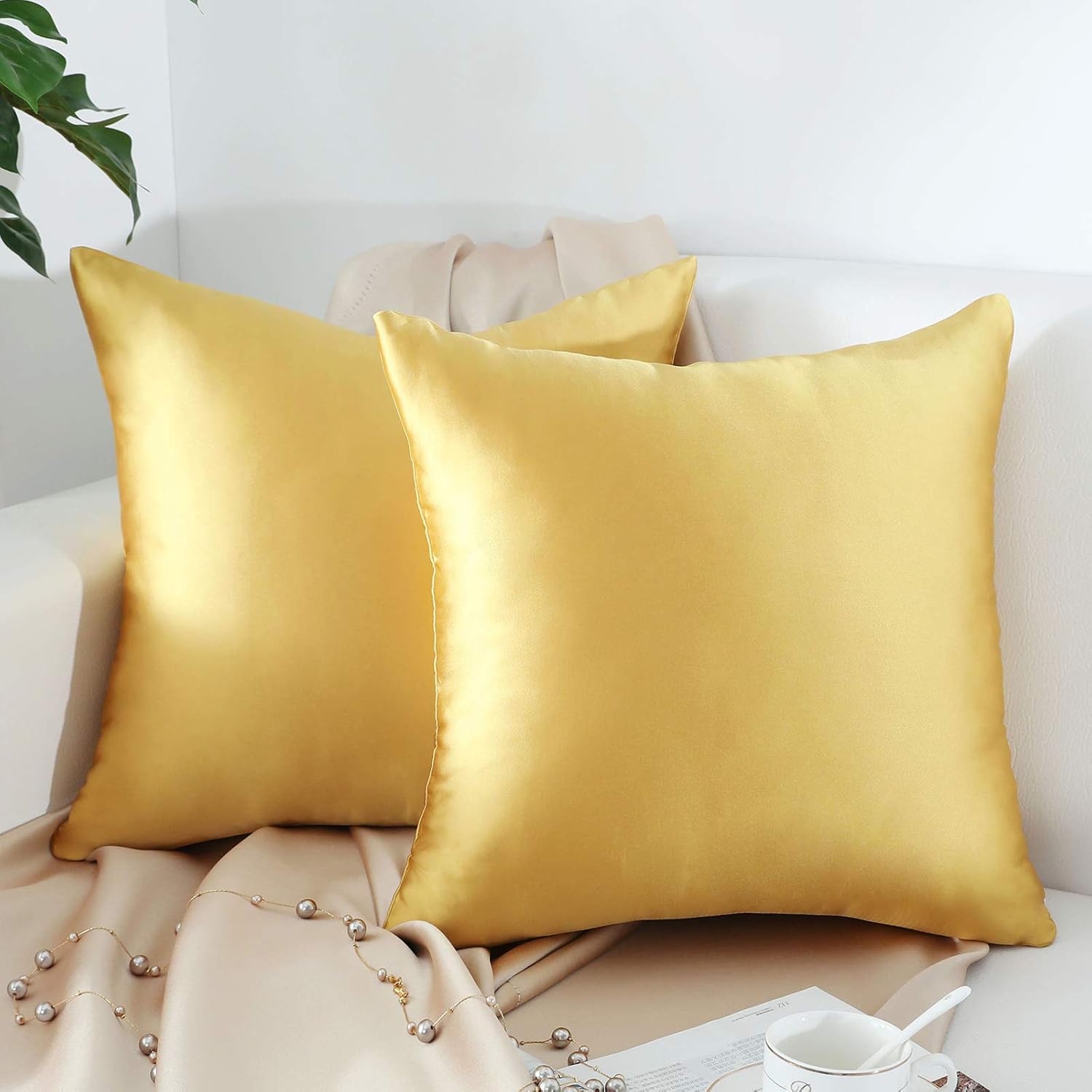 QOPOYU Pack of 2 Decorative Faux Silk Throw Pillow Covers Set Slip Cooling Satin Square Pillowcases for Sofa Bedroom Car(18x18 Inches Gold)