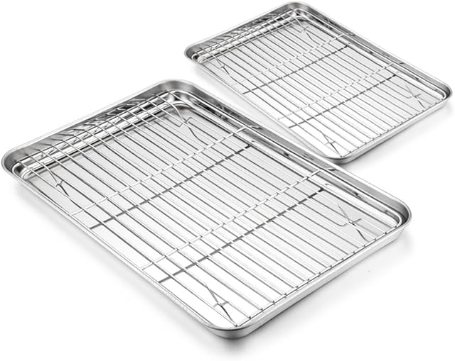 Baking Tray with Rack Set - 4 Pack (2 Trays+2 Racks), HaWare Stainless Steel Baking Sheet Toaster Pan Cookie with Cooling Rack - Healthy & Non Toxic, Mirror Finish & Dishwasher Safe