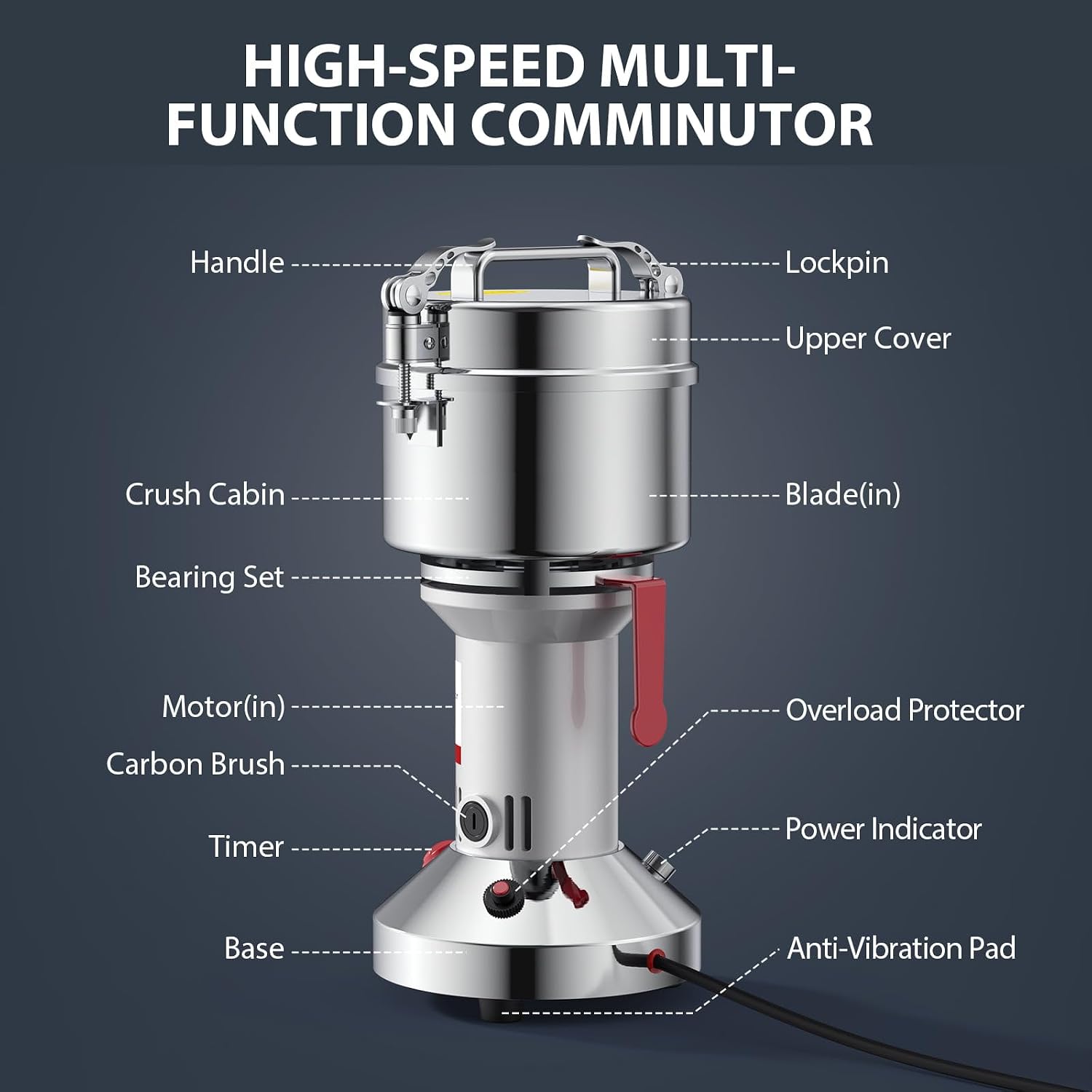 3000W Electric Grain Grinder, High-Speed Stainless Steel Crusher, 750G Vertical Commercial Spice Grinder, Dry Grinder