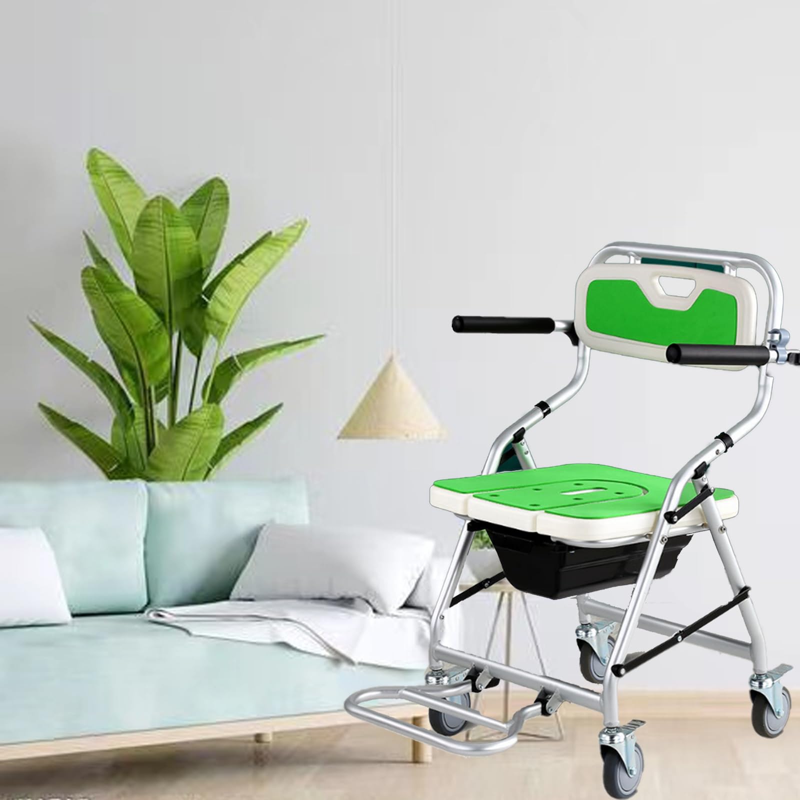 Silla Ducha WC con Ruedas Plegable,Taburete de Ducha Portátil con Inodoro para Personas Mayores y discapacitadas, Carga Máxima 150 kg,64×55×88cm
