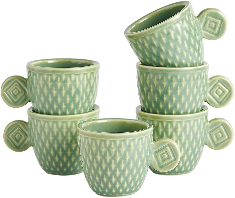 Vintage Ceramic Espresso Cups, 3 oz Demitasse Cups, Unique Embossed Small Espresso Coffee Cups (Green)