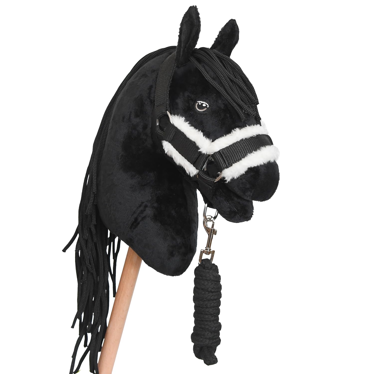 Hobby Horse Frison Noir pour Hobby Horsing pour Enfants et Adolescents de 7 à 20 Ans. Cheval bâton avec Filet, rênes + Bonnet Blanc, Licol moumoute et Longe Noirs - Taille L