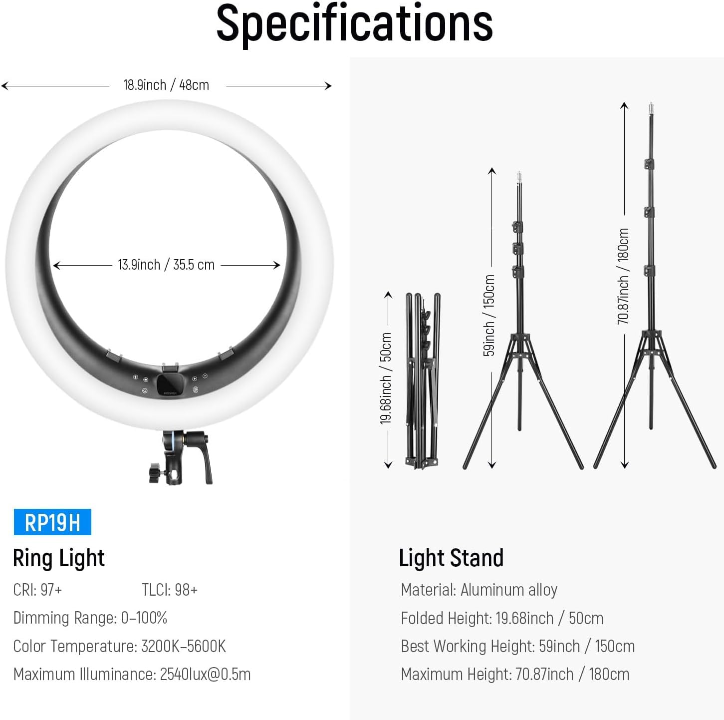 Neewer 19" Ring Light Luce ad Anello con Stand 3200K-5600K per Selfie Streaming Zoom RP19H