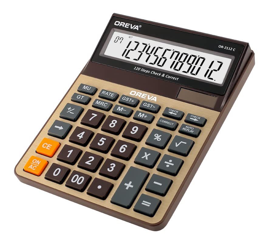 Image of Oreva OR-2112 C Solar & Battery Desktop Calculator with Large Display and Big Sensitive Button | Standard Function Calculator for School, Collage, Home, Office - Copper Brown