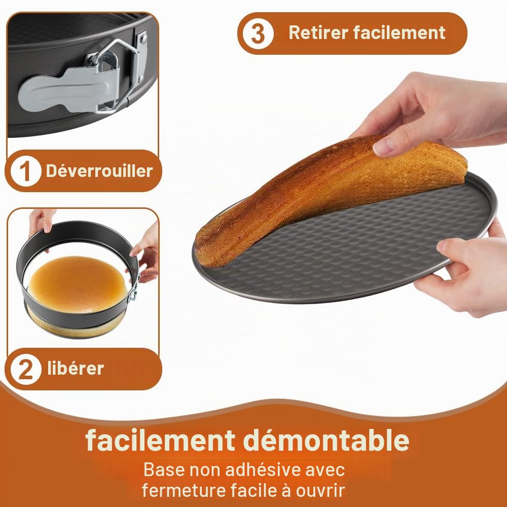 Lot de 3 Moule à Manqué Rond, 20/22/24cm Moule à Gàteau Rond, Carbone Moules à Charnière Avec Fond Amovible, Moule Bento Cake pour Faire Gâteaux