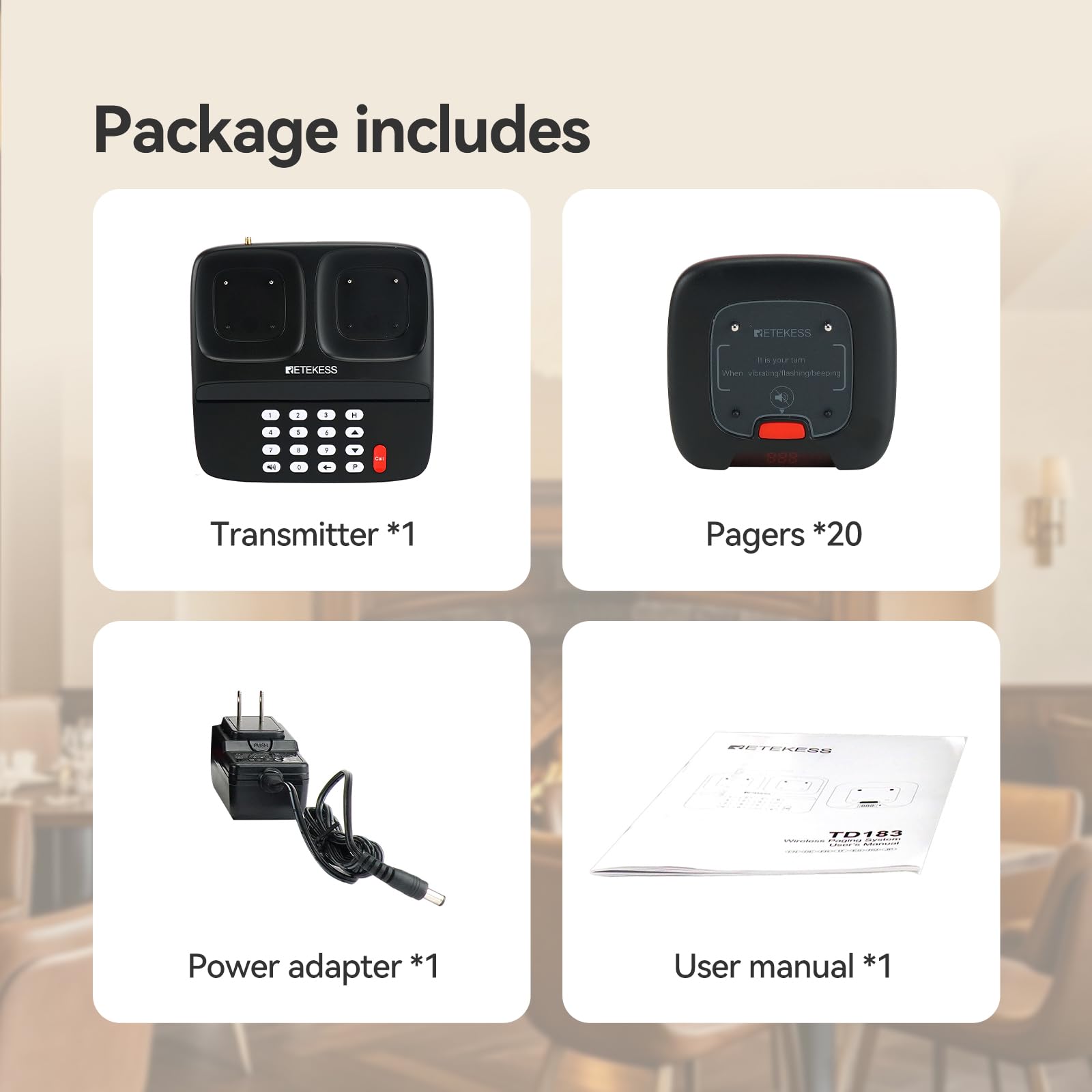 Retekess TD183 Cercapersone per Ristorante, FSK 800M, Cicalini per Ristorante, 28H, con Vibrazioni, Stabile e Durevole, Cercapersone Wireless, Adatto per Hotel, Bar, Club (20 Cercapersone)