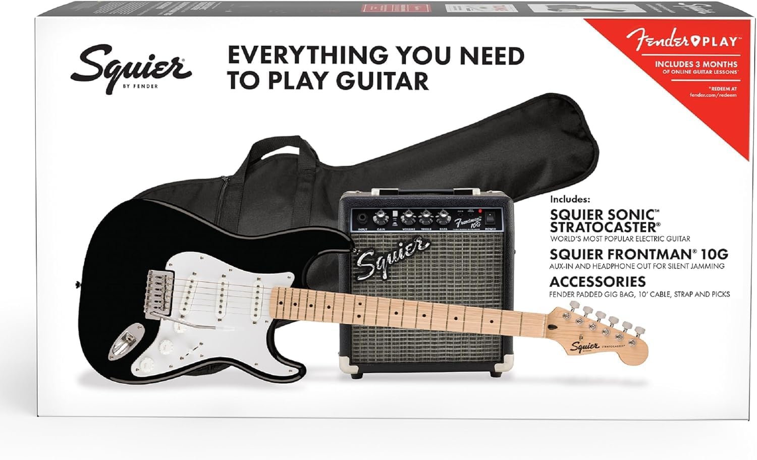 Sonic Stratocaster Electric Guitar Pack, Black, Maple Fingerboard, with Gig Bag, 10G Amp, and Accessories