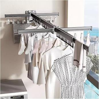 Hggzeg Clothes Airer Wall Mounted Retractable Shelf with Hooks 360  Rotating Triple Folding for Balcony Laundry Room Bathroom Lead Gray
