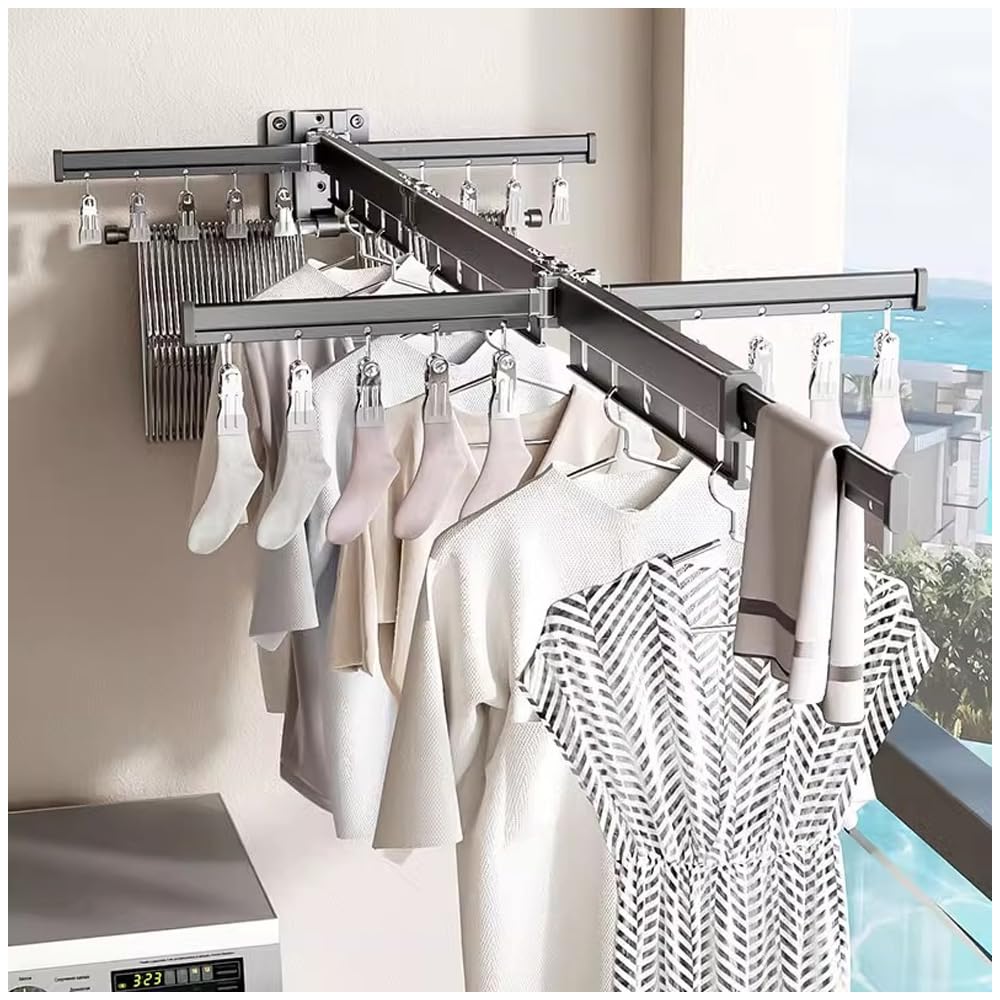 Hggzeg Wäscheständer zur Wandmontage, einziehbares Regal mit Haken, um 360 ° drehbar, dreifach, zusammenklappbar, für Balkon, Waschküche, Badezimmer (Bleigrau)