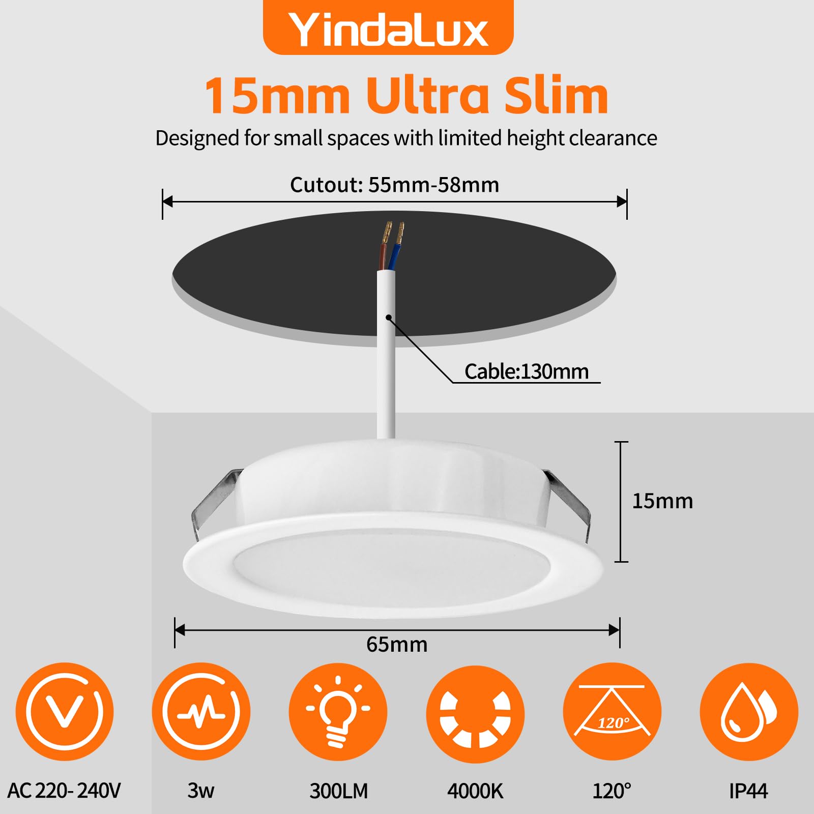 YindaLux Juego de 6 focos LED empotrables 230 V, 3 W, 4000 K, blanco neutro, ultraplanos, 300 lm, orificio 55-58 mm, IP44, para armario con espejo, color blanco