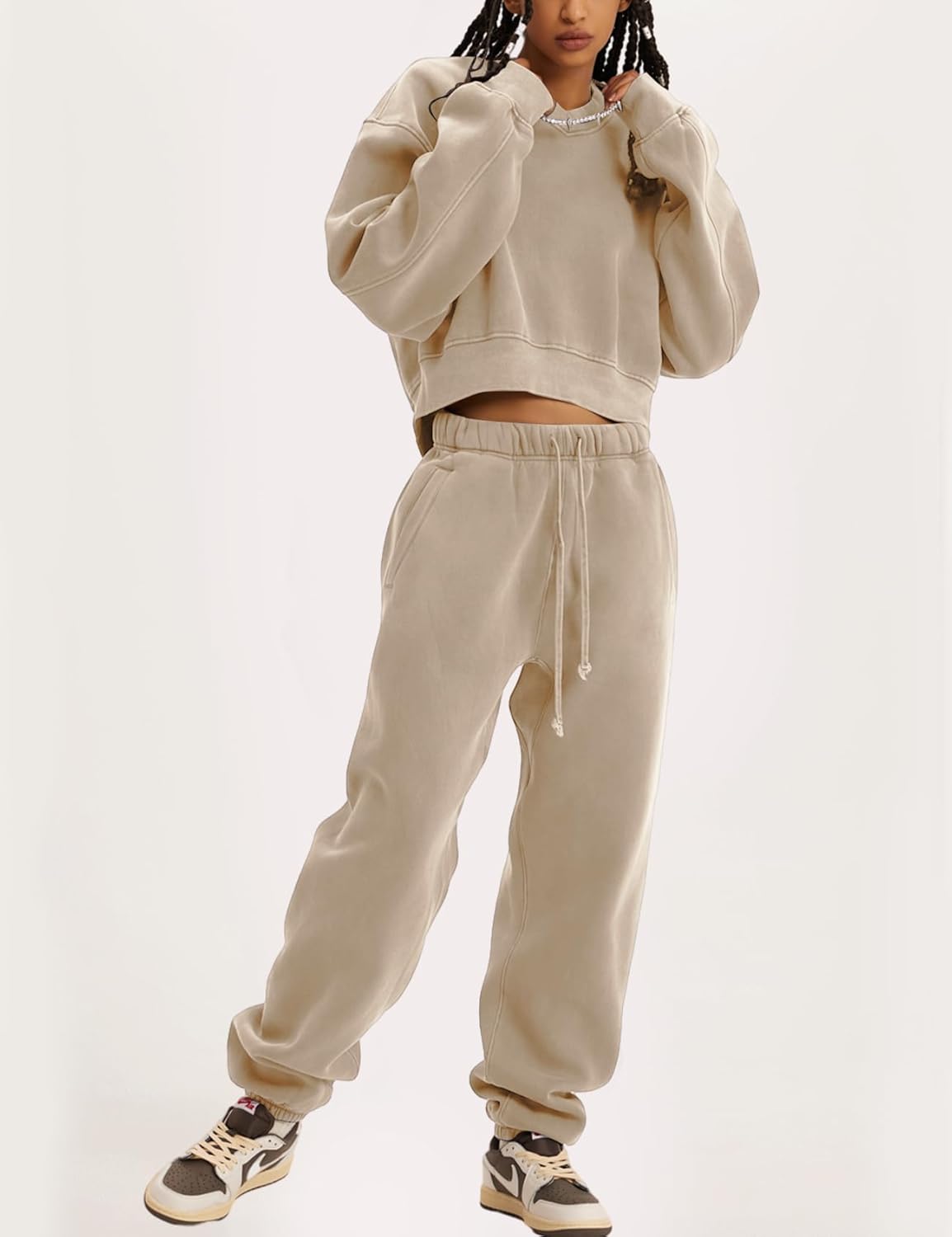 Flygo Women Sweat Set Sweatsuit Fleece 2 Piece Joggers Tracksuit Outfits Crop Sweatshirt Sweatpants Sets - Image 3