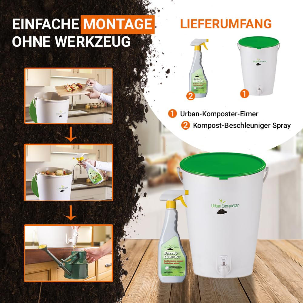 GARANTIA Urban Komposter 15 Liter grün, inkl. Deckel und Kompostspray | Biomülleimer Küche, Komposteimer, Bio Mülleimer, Abfall & Recycling, Bioabfallbehälter für Küche, Biomüll, Biotonne