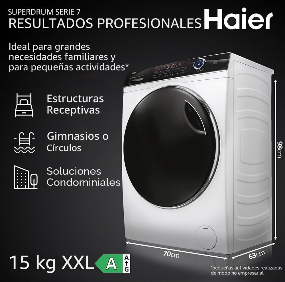 Haier I-Pro Series 7 Plus HW150-BP14986E Lavadora 15 kg 1400 revoluciones Motor inversor BPM Cesta XXL iluminada Clase A H x L x P (cm) 98 x 70 x 63 Blanco