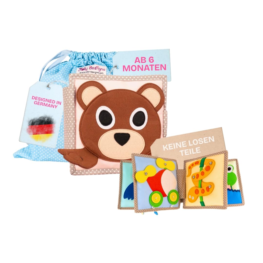 Jolly Designs – Mini Quiet Book Peek-a-Boo – Montessori Spielzeug ab 6 Monaten – Motorik & Sinneswahrnehmung fördern – Stoffbuch für Babys – Handgefertigtes Filzbuch – Perfekt für unterwegs & Reisen