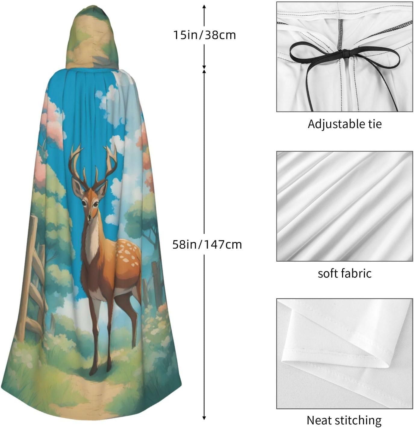 Unisex Full Length Hooded Halloween Christmas Party Robe Cloak Cape Cosplay Costume Men Women Cute Cartoon Deer Prints Black