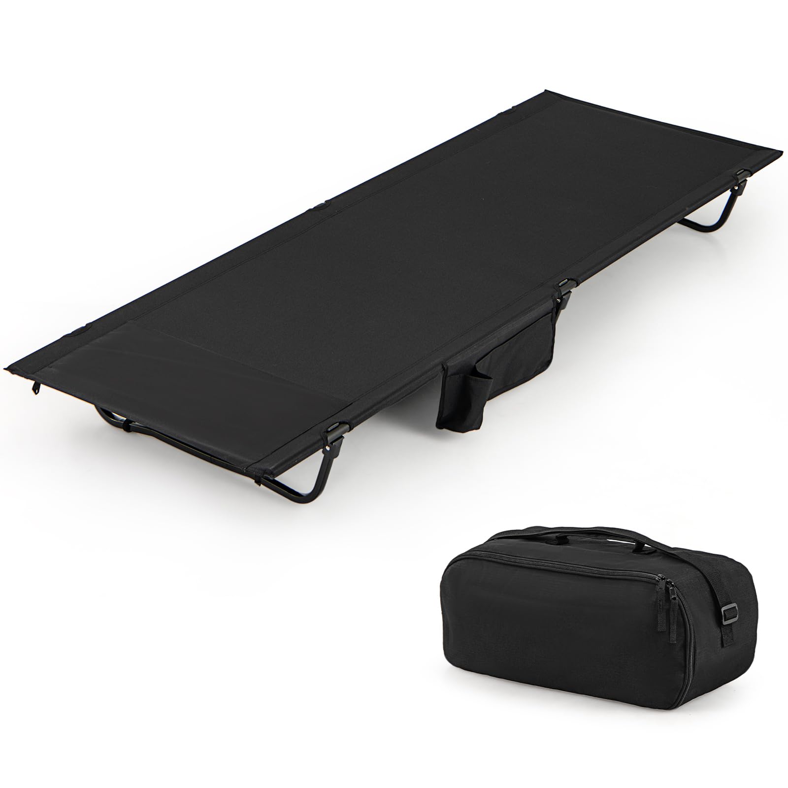 COSTWAY Feldbett klappbar, ultraleichtes Campingbett mit Seitentasche, 193 x 70 cm, tragbares Klappbett, 200 KG Tragkraft, Campingliege für Camping, Reisen, Strand (Schwarz)