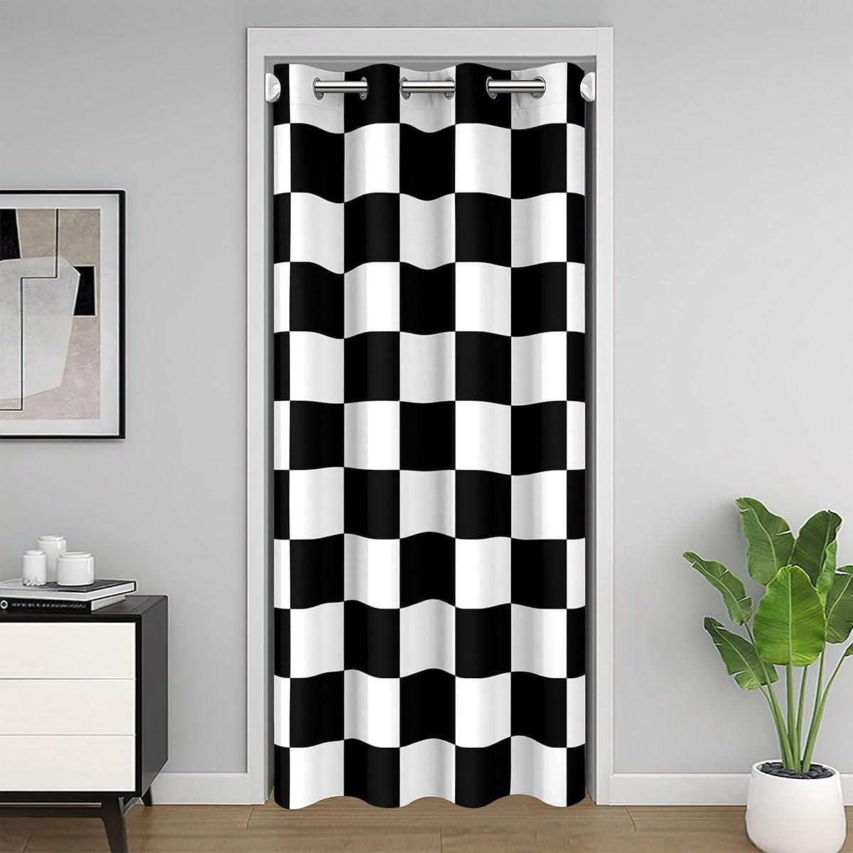 Feelyou Checkered Retro Room Divider Curtain Teen Women Men Black White Plaid Door Curtain for Doorway Privacy 59x80 Inch 1 Panel Kids Boys Girls Geometric Closet Cover Modern Simple Groovy Aesthetic