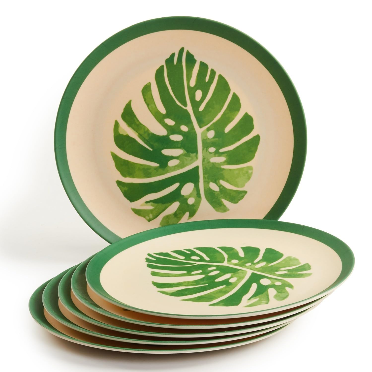 Eco-Friendly Bamboo Fiber Plates | Set of 6 Dinner Plates (11-Inch) | Reusable and Stain Resistant | Sturdy Weight and Durable | Microwave & Dishwasher Safe | Elegant Leaf Design